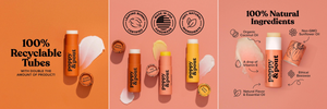 lip balm features; 100% recyclable tube. DOUBLE THE BALM. Leaping Bunny certified. Handmade in the USA. 100% Natural Ingredients; organic coconut oil, Vitamin E, Ethical Beeswax, Non-GMO Sunflower Oil