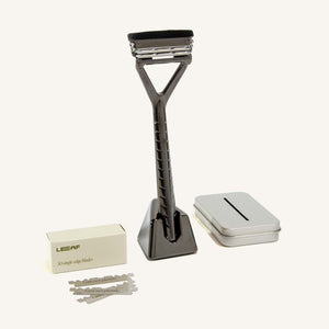 the leaf razor kit in mercury. includes leaf razor, leaf stand, razor blade pack, blade recycling tin