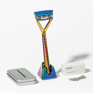 the leaf razor kit in prism. includes leaf razor, leaf stand, razor blade pack, blade recycling tin